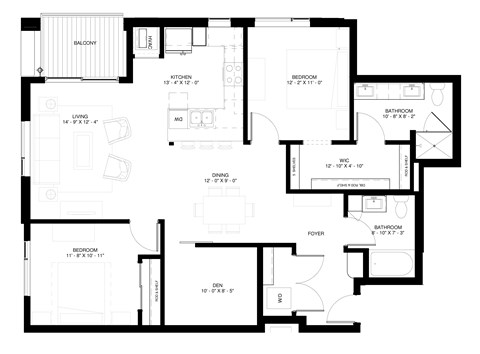 Floor plan for a 2 bedroom and 2 bath apartment unit